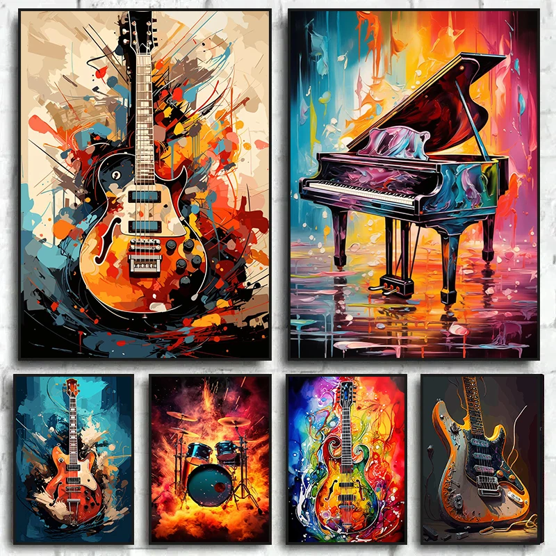 Picture Of Musical Instrument - Abstracte kleurrijke kunst Muziekinstrumenten Drumstel Gitaar